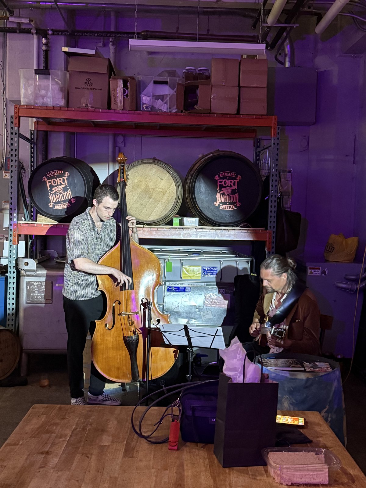 Isaac Levien on stand-up bass and Anders Nielsen on electric guitar, Fort Hamilton barrels behind them