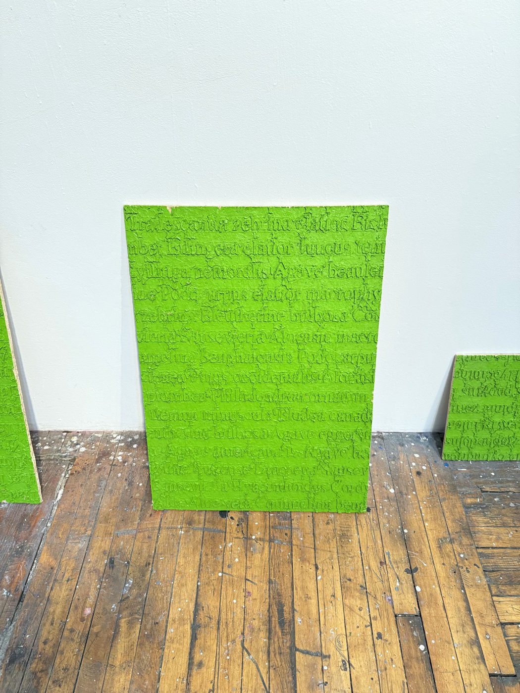 A green embossed panel in Isaac Vazquez's studio