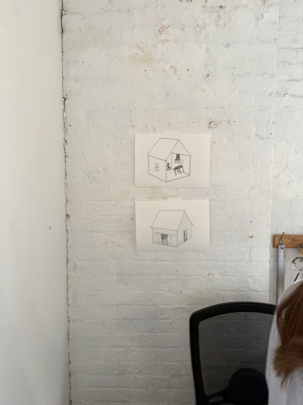 Two drawings pinned to the wall in Cate Pasquarelli's studio
