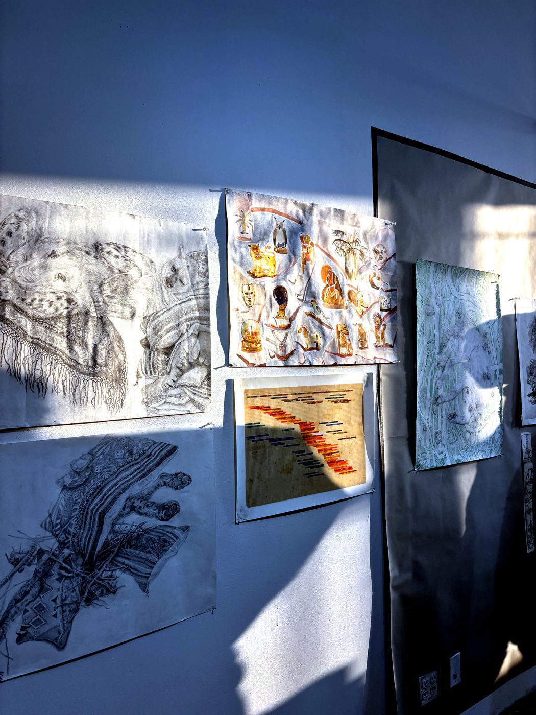 Pencil drawings on Nivi Alroy's studio wall