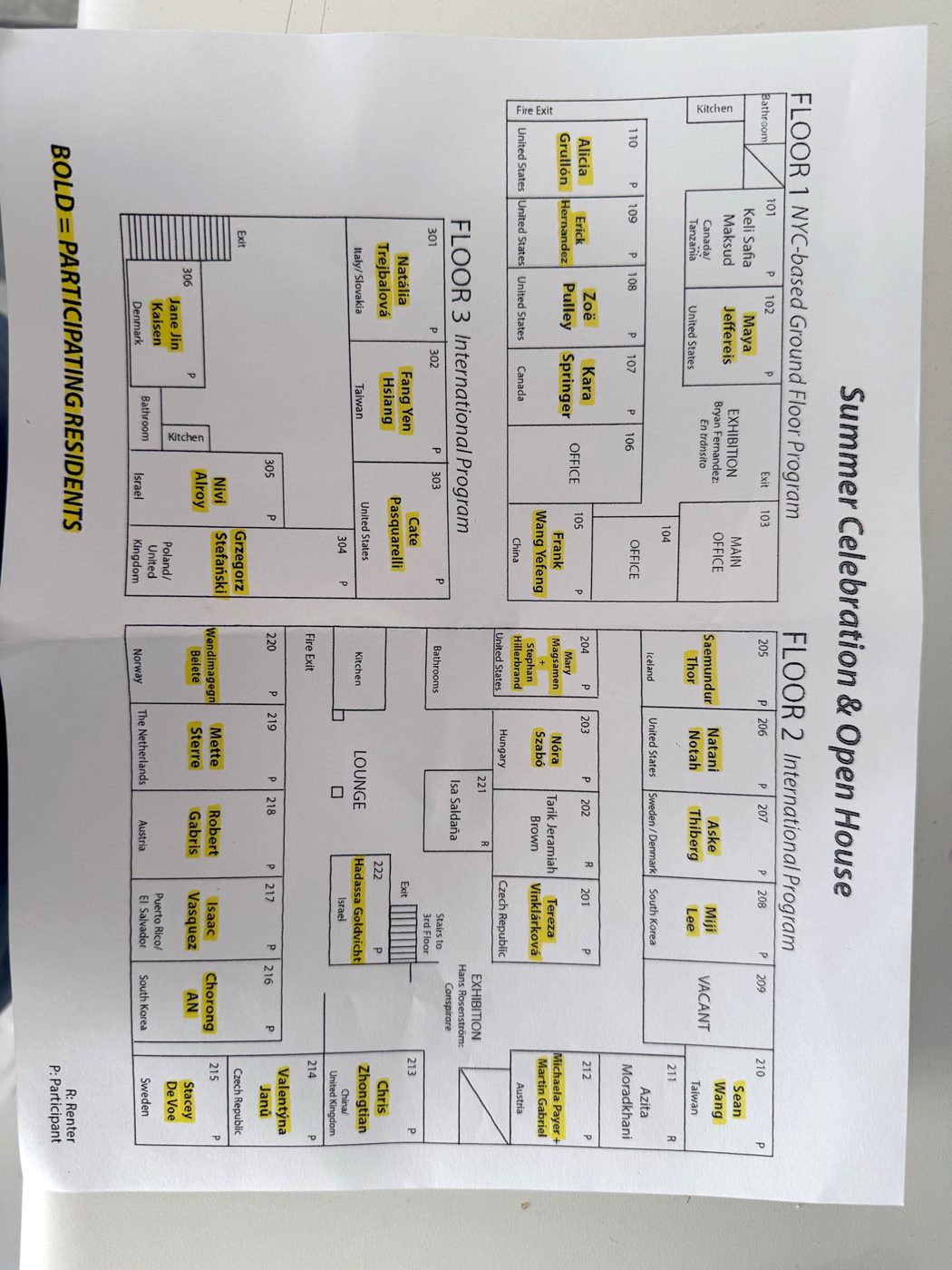 Printed floor map of ISCP's participating studios